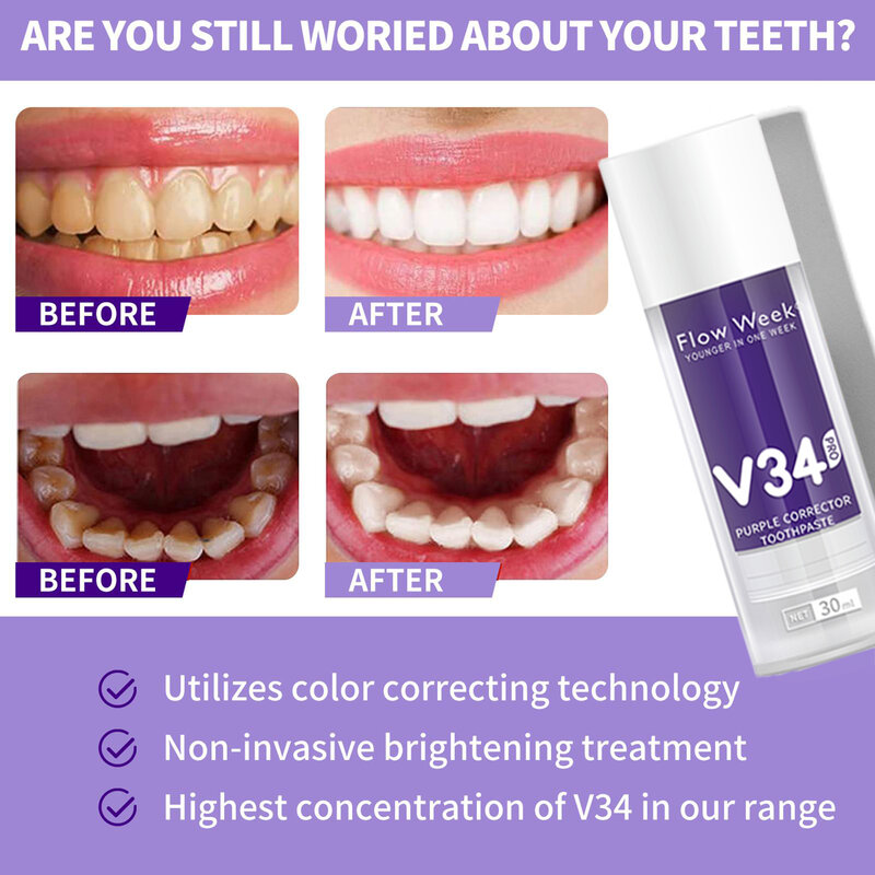 Flow Woche v34 Pro Zahnpasta Farbe Korrektor lila Zahnpasta nicht-invasive Zahn aufhellung Zahn flecken tfernung Weiß macher Zähne
