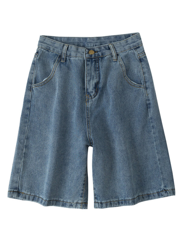 Fitaylor-pantalones cortos vaqueros de pierna ancha para mujer, Bermudas de cintura alta, color azul, informales, ropa de calle lisa, verano, 2022