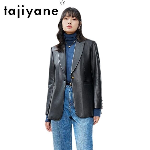 Tajiyane แจ็คเก็ตหนังหนังแกะแท้สำหรับผู้หญิง, ใหม่2024แจ็คเก็ตหนังแท้ความยาวปานกลางเสื้อโค้ทสไตล์เกาหลี