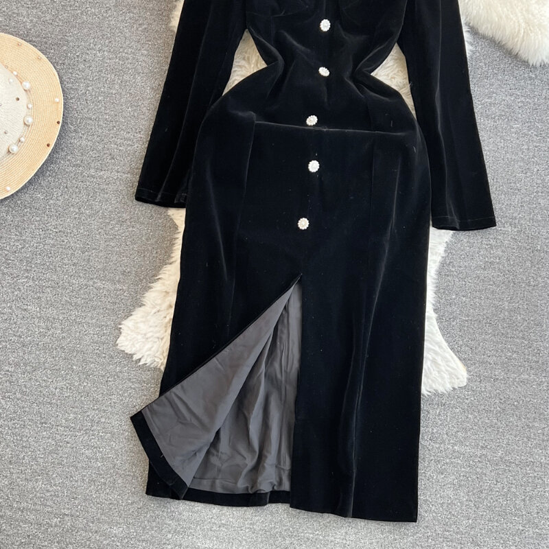 Women's Black Velvet Dress Autumn French Style Elegant Temperament Square Collar Mid-Length Buttons Split Dresses Prom Gown