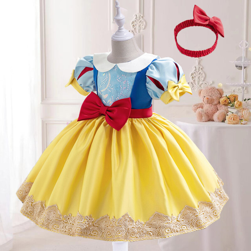 2pcs Snow White Cosplay Dress for Girls Christmas Carnival Costumes Birthday Party Princess Girl Dress Big Bow Wedding Prom Gown