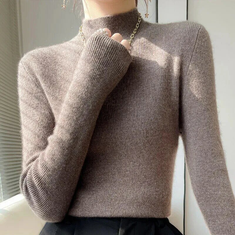 Zoki-suéter de punto grueso para mujer, suéter de manga larga con Cuello medio alto, Harajuku, cálido, combina con todo, moda coreana, Otoño e Invierno