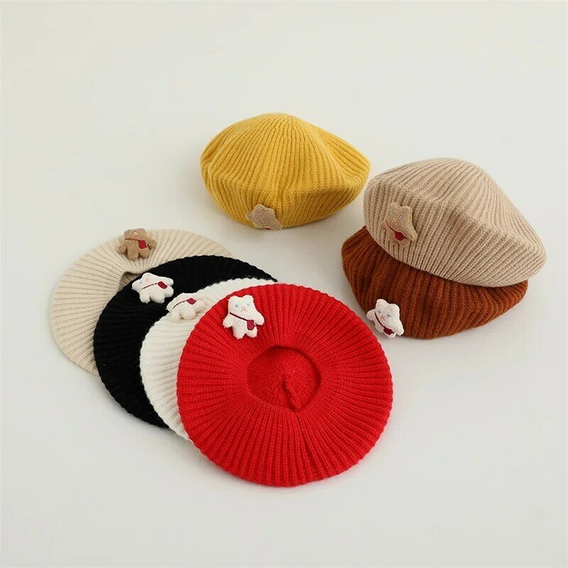 Bmnmsl-Bérets en tricot pour enfants, chapeau pour tout-petits, chapeau chaud décontracté, décor d'ours pour bébé, mode automne et hiver