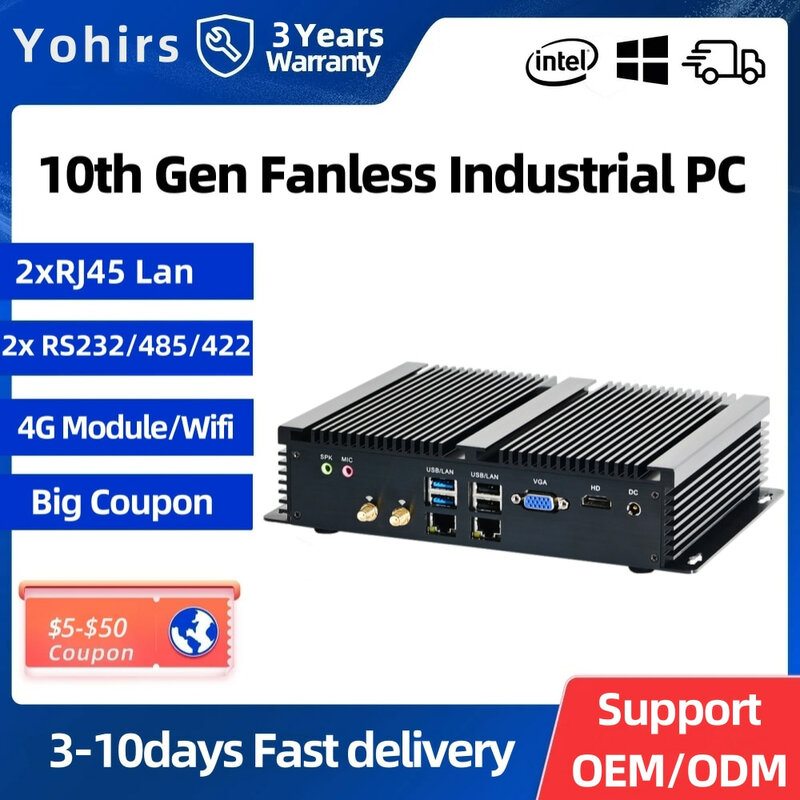 Mini PC Fanless de Yohirs, computador industrial do controle, 8o Gen, i7, 8550U, i5, 8250U, 6 x COM, HD, VGA, 2 x Lan, 4G, LTE, windows 10, tudo em um