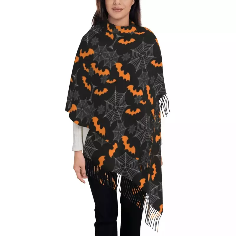 Halloween Bats Spider Pattern Scarf Wrap Women Long Winter Warm Tassel Shawl Unisex Goth Occult Witch Magic Scarves