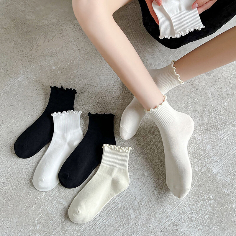 Calcetines tobilleros de algodón con volantes para mujer, medias de estilo Lolita, Kawaii, coreano, tubos medios, japonés, negro y blanco, Primavera, 1, 2 o 3 pares