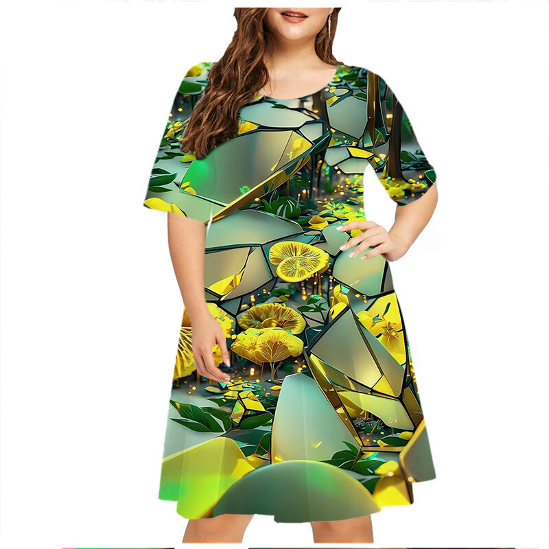 Mini robe décontractée à manches courtes et col rond pour femmes, motif imprimé 3D, mode d'été, grande taille, 5XL, 6XL, nouveauté, 2023