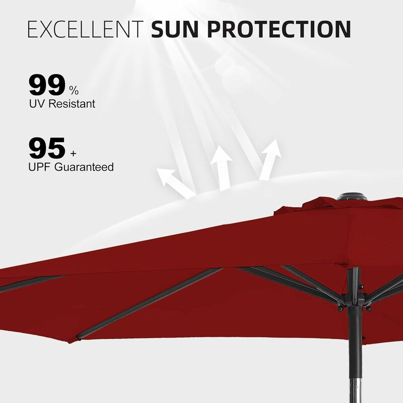 Tabela ao ar livre mercado guarda-chuva pátio com botão, 8 costelas resistentes, Borgonha, inclinação e manivela, 9 FT