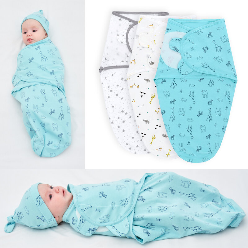 Neonato Swaddle Wrap + Hat 3pack Cotton Baby ricezione coperta biancheria da letto Cartoon Cute Infant Sleeping Bag per 0-6 mesi