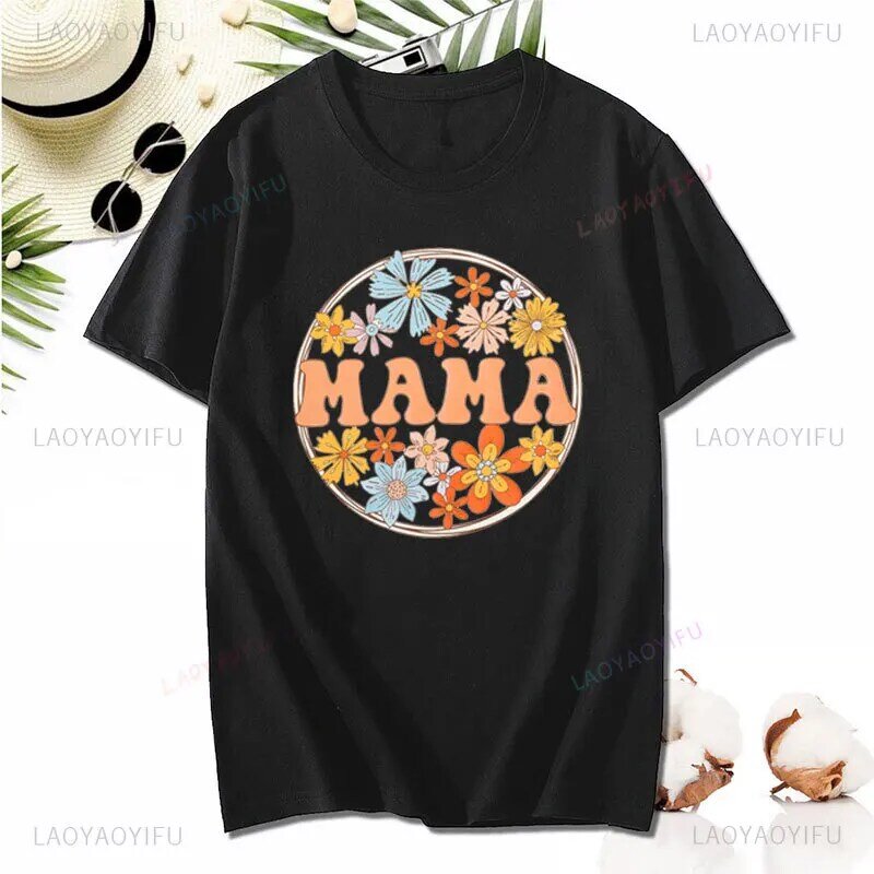 Mama Shirts for Women Mama Flowers Shirt Floral Mama Graphic T-Shirt Tee Short Sleeve Mom Cotton Tops Harajuku Vintage Cute Tee