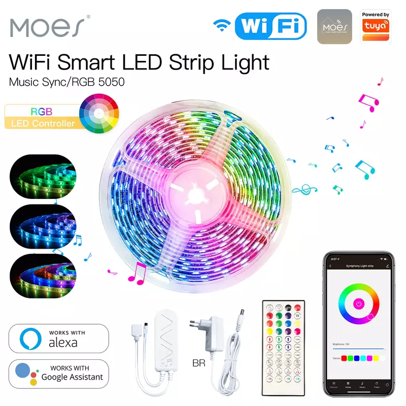 MOES-Smart WiFi LED Light Strip, Música Sync, Mudança de Cor, Controle Remoto, Controle de Voz, TUYA 5050, RGBWW, Alexa, Google Home