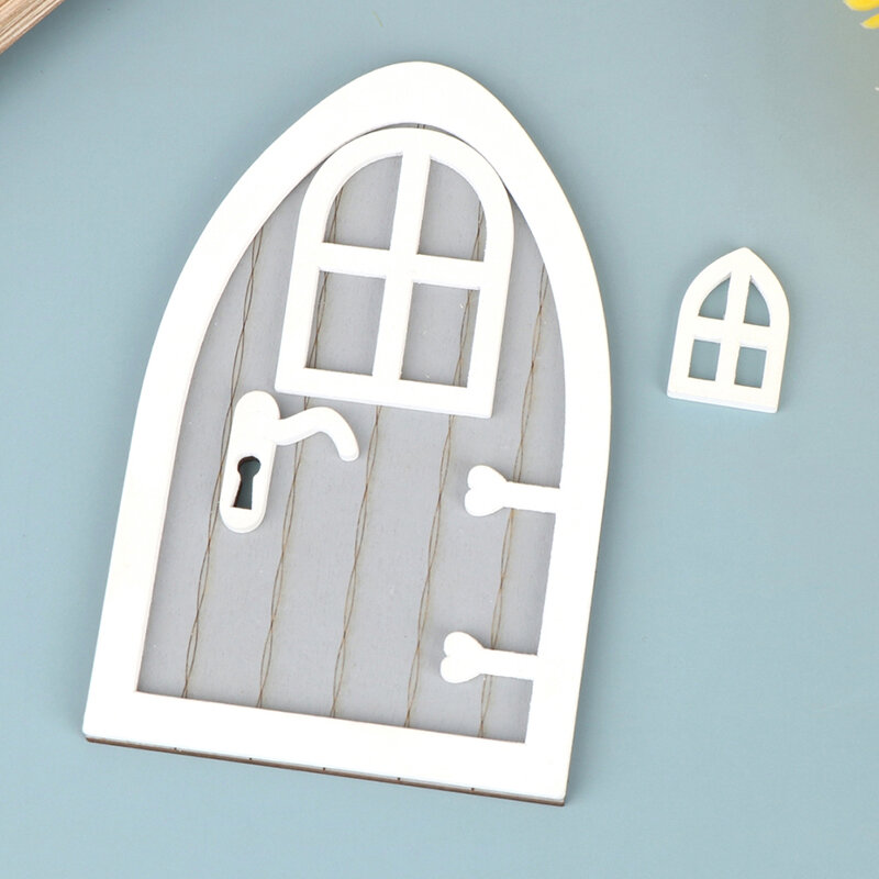 1Set 1:12 Dollhouse Miniature Wood Door Fairy Elf Door Model w/Window Doorknob House Garden Decor Toy