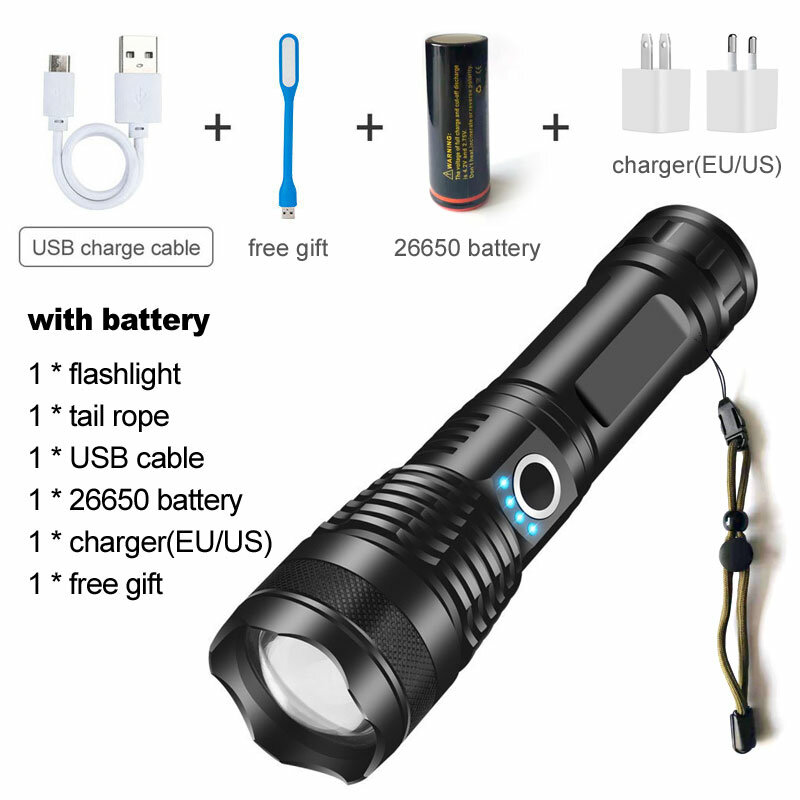Linterna LED potente BS P50, recargable por USB, portátil, para exteriores, táctica, caza, policía, impermeable, Zoom, 26650