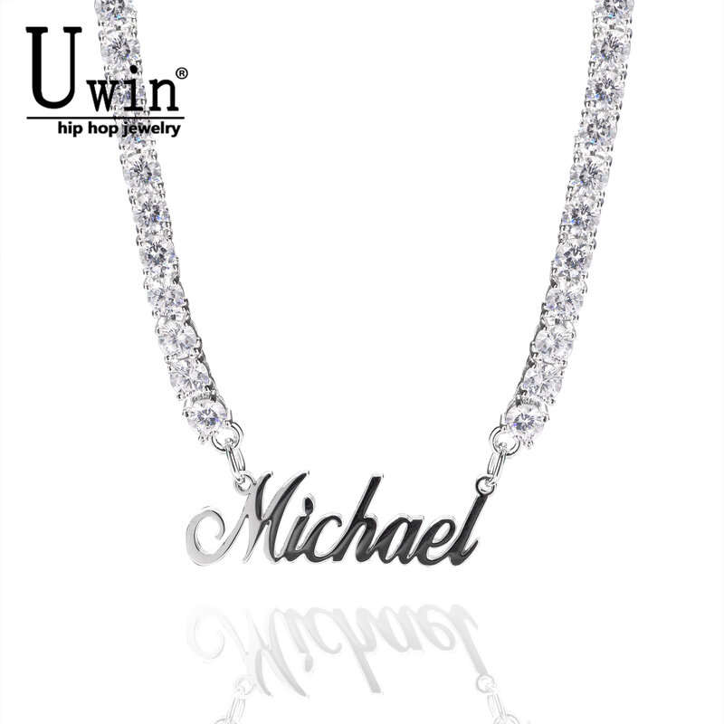 Uwin-Colgante de acero inoxidable con nombre personalizado para mujer, collar de cadena de tenis de 5mm de Circonia cúbica, regalo de joyería