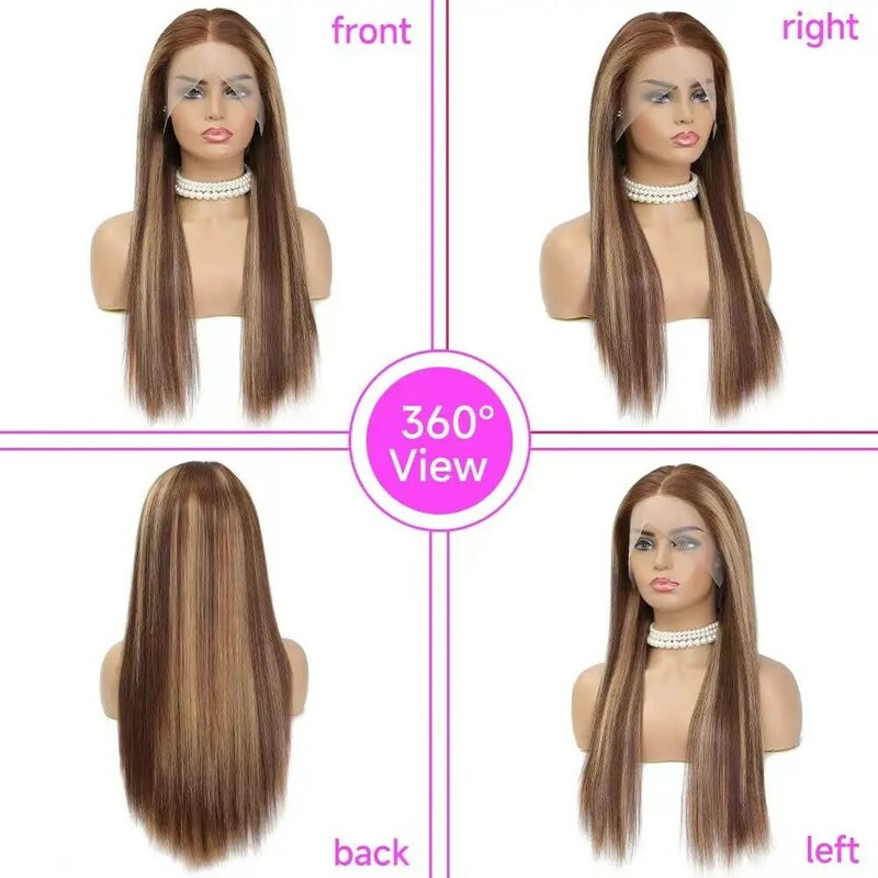 Wig depan renda Ombre Highlight 30 inci rambut manusia ketebalan 200% Wig depan renda panjang lurus 4/27 pirang transparan HD
