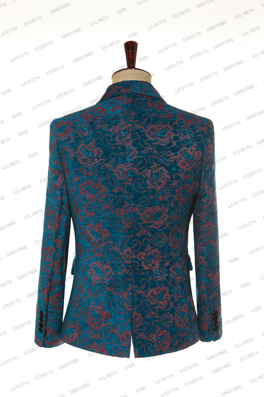2023 New Fashion Men's Suits Blue Red Jacquard Slim Fit Velvet Peak Lapel Business Banquet 2 Pieces Set Plus Size Jacket+Pants