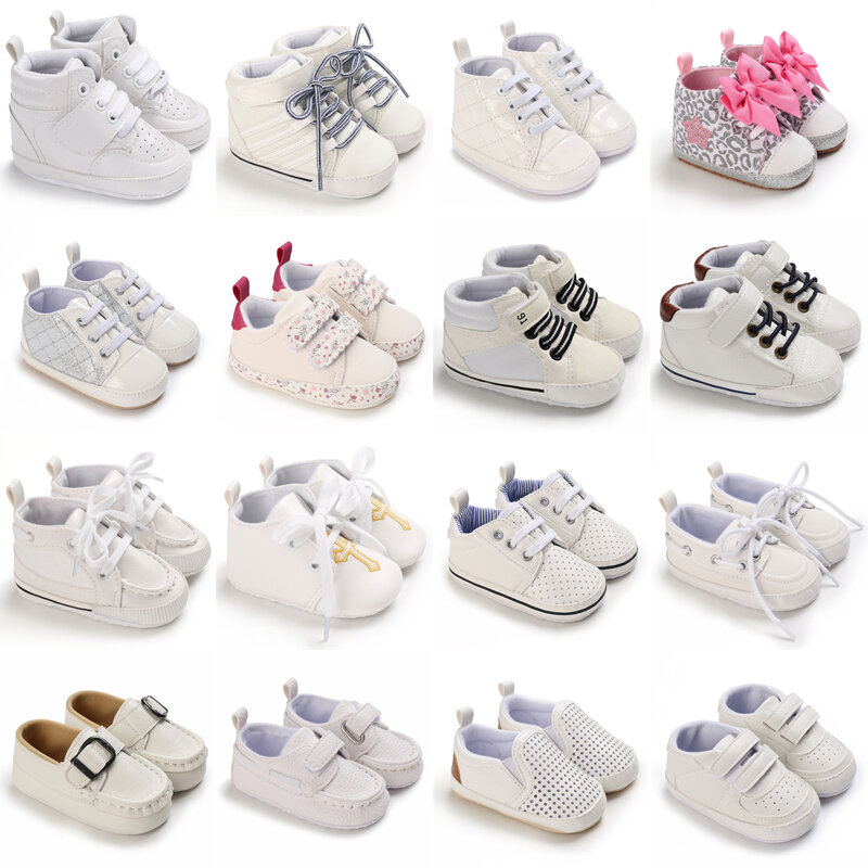 Кроссовки из ПУ кожи для новорожденных, классическая спортивная обувь на мягкой подошве для первых шагов, повседневные белые, разные цвета, обувь для крещения
