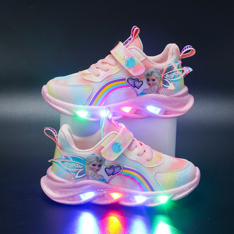 Elsa Frozen Princess Casual Sport Shoes para meninas com luzes LED, tênis infantil, novo, 2023