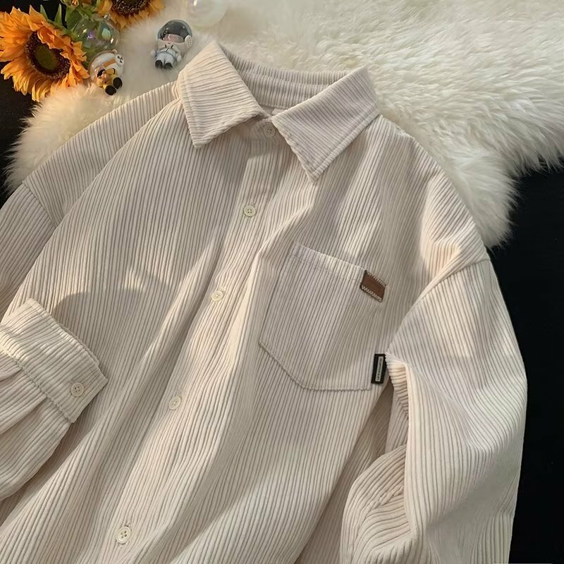 Y2K ubrania męskie sztruksowe koszule z długim rękawem koreańskie zwykła koszula bluzki Manga Festival flanelowe kurtki Streetwear luźne