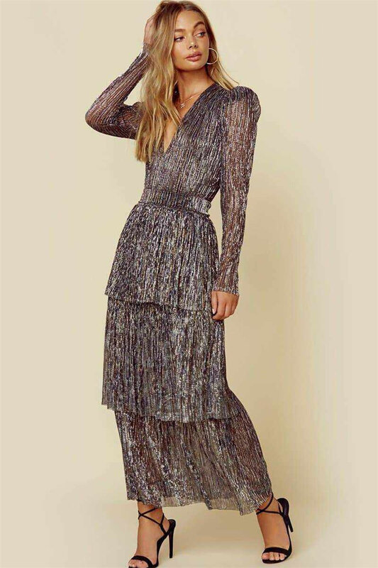 Elegante V-Ausschnitt geschichtet Maxi Party Abendkleider für Frauen grau Langarm Traf Kleidung Mode Vintage Damen Ballkleid