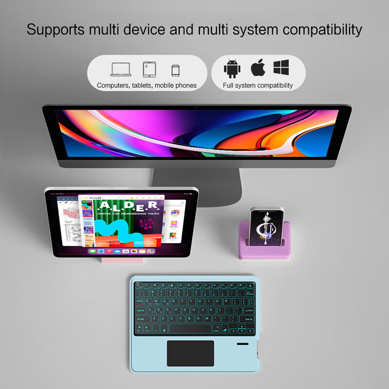 Teclado inalámbrico ultradelgado con Bluetooth, dispositivo recargable con panel táctil, 7 colores, retroiluminado, para Android, Windows, iOS, tableta, teléfono, portátil, PC