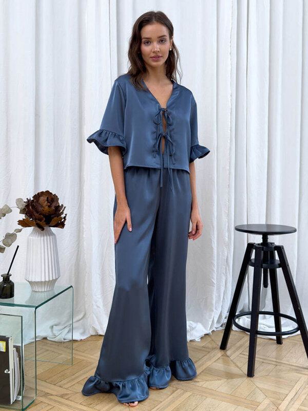 Marthaqiqi Fashion Ladies Nightgowns Suits Sexy V-Neck Pajamas Lace Up Sleepwear Half Sleeve Nightie Pants Female Nightwear Set