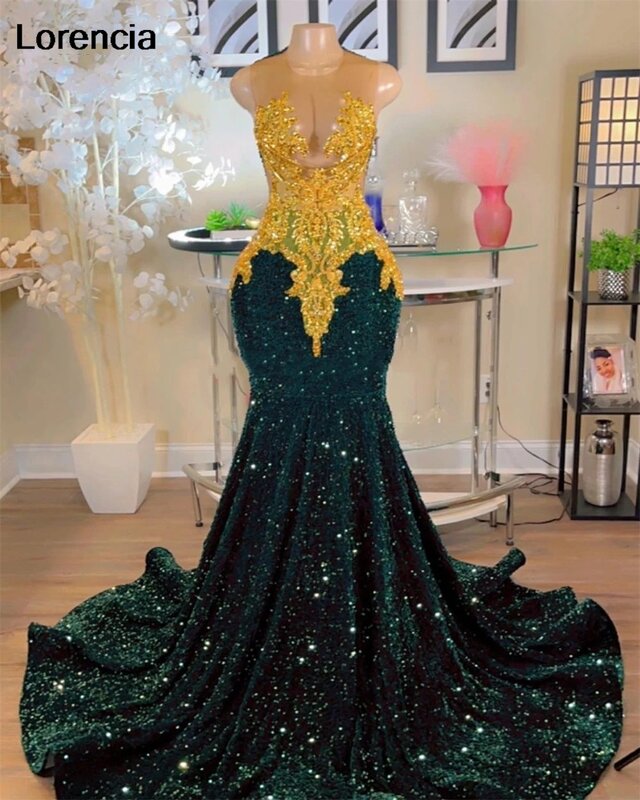 Gaun Prom putri duyung payet hijau zamrud untuk anak perempuan hitam 2024 gaun pesta Formal bermanik kristal emas Robe De Soiree YPD49