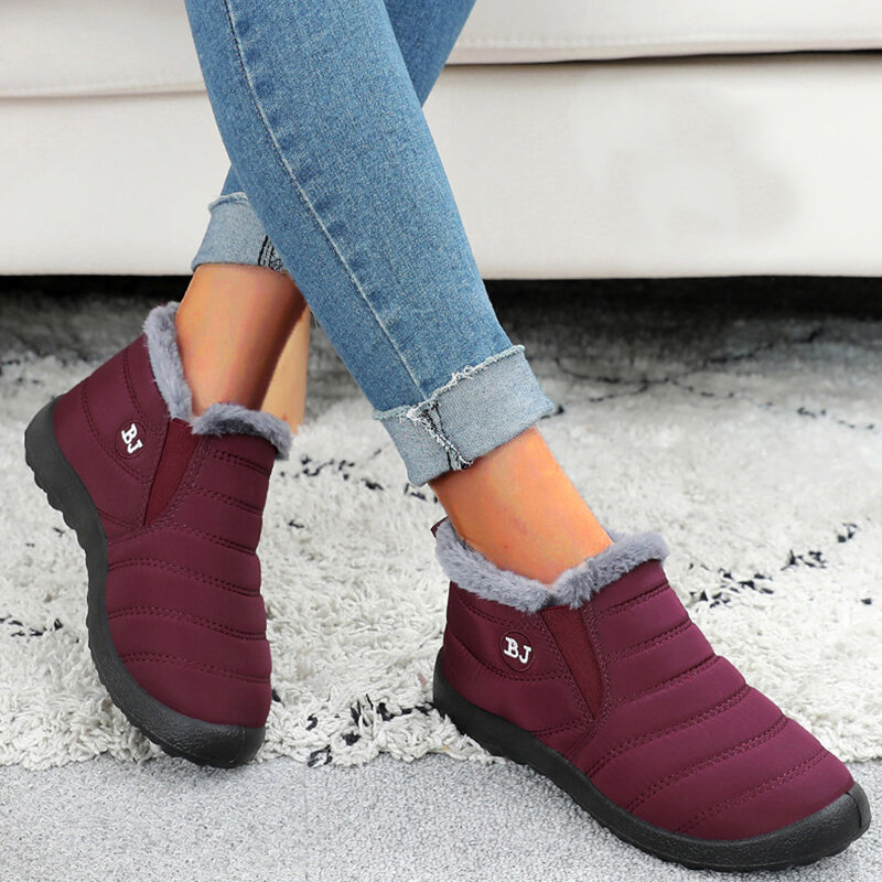Impermeável Fur slip-on Ankle Boots para mulheres, sapatos de plataforma, plana, feminina, inverno, novo
