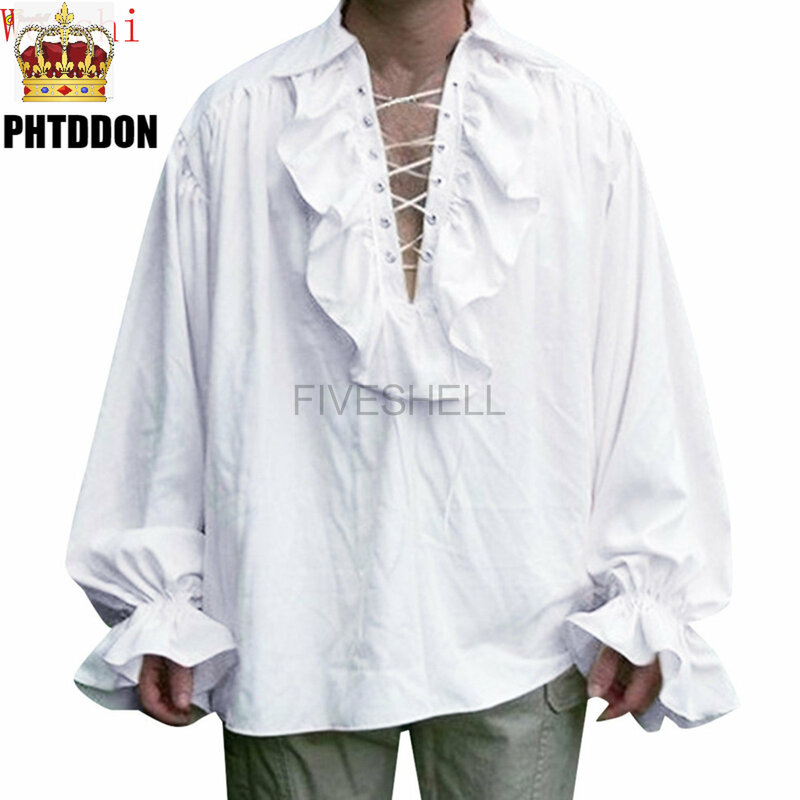 중세 남성 르네상스 의상, 긴 소매 프릴 셔츠, 레이스업 스팀펑크 해적 셔츠, 코스프레 무대 의상
