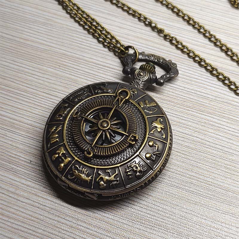 Reloj de bolsillo de 12 Constelaciones, brújula de cuarzo, collar Steampunk, bronce para regalo, reloj Vintage, reloj antiguo de moda