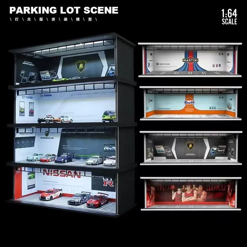 Time Micro & MoreArt-Modèle d'assemblage de voiture, éclairage LED, parking, toile de fond, affichage, scène, Nissan, Mazda, Porsche, 1:64