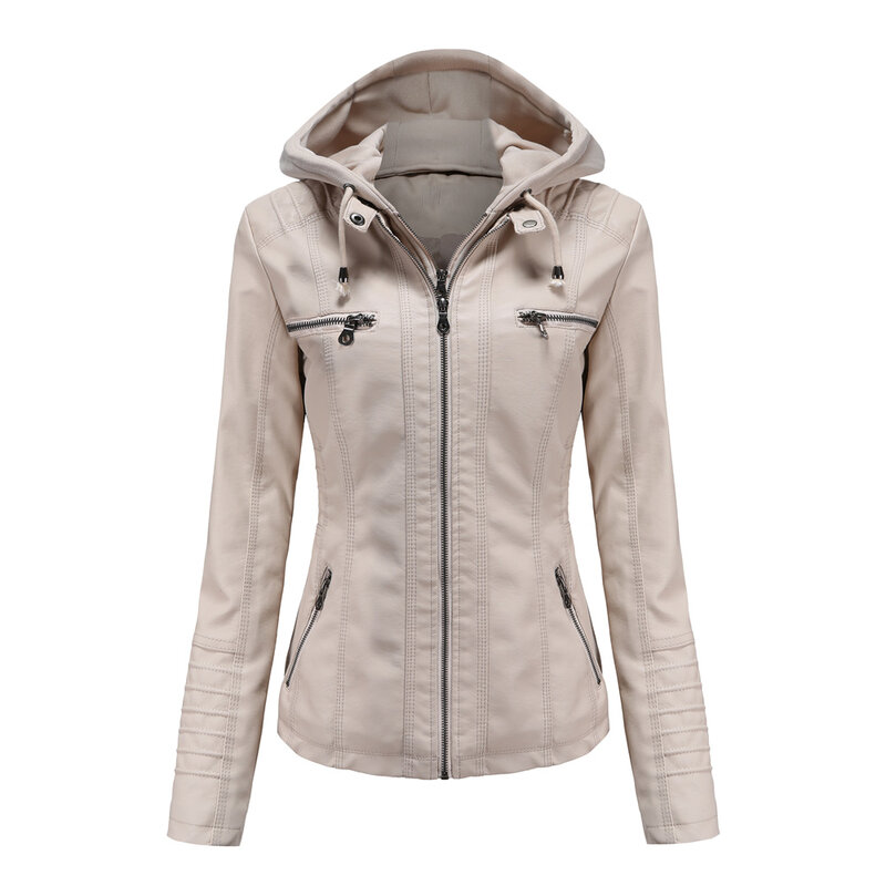 Jaqueta de couro lavada PU feminina, jaqueta de couro com capuz, ajuste grande, à prova de vento, esportiva, primavera e outono, qualidade