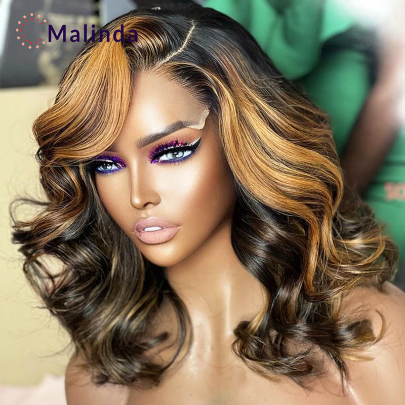 Ombre Blonde Short Bob 250% Density Loose Deep Wave 13x4 Lace Front Wigs Transparent Lace Frontal Human Hair Wig For Women