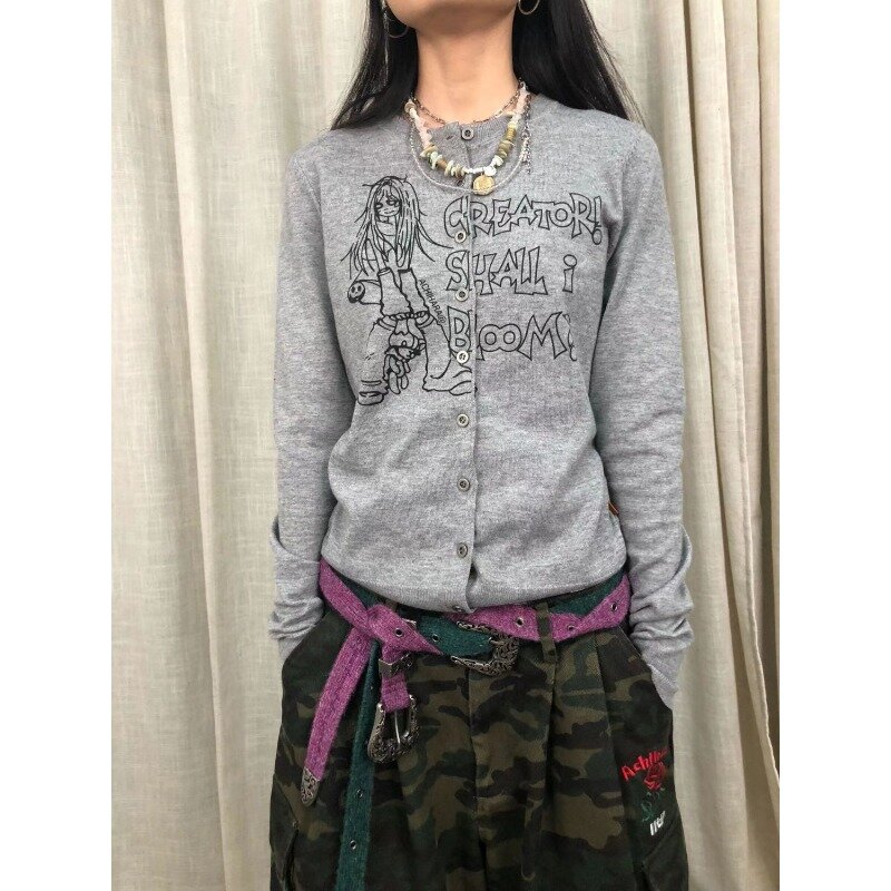 Deeptown 여성용 고딕 쓰레기 가디건, 하라주쿠 애니메이션 그래픽 니트웨어, 긴팔 스웨터, 일본 패션 용수철, Y2k