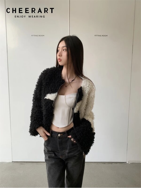 Cheer art Star Patchwork Pelzmantel Frauen Winter Designer Fuzzy Jacke koreanische Mode schwarz flauschigen Mantel Mode Kleidung