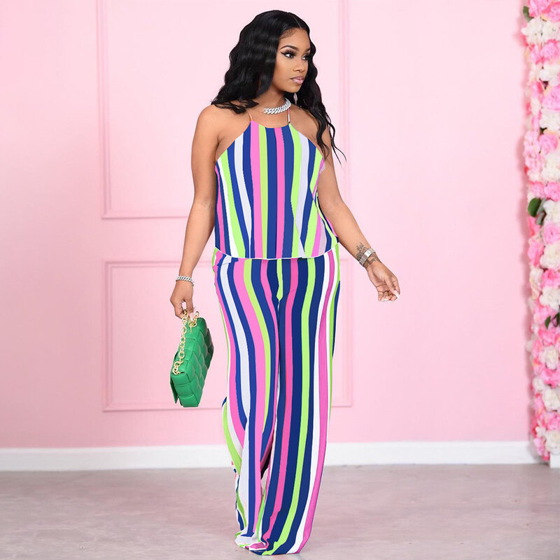 Lounge Wear Halter Top + Wide Leg Pants Slim Two Piece Set Streetwear Y2K Suits Colorful Striped Print Summer Outfits for Women
