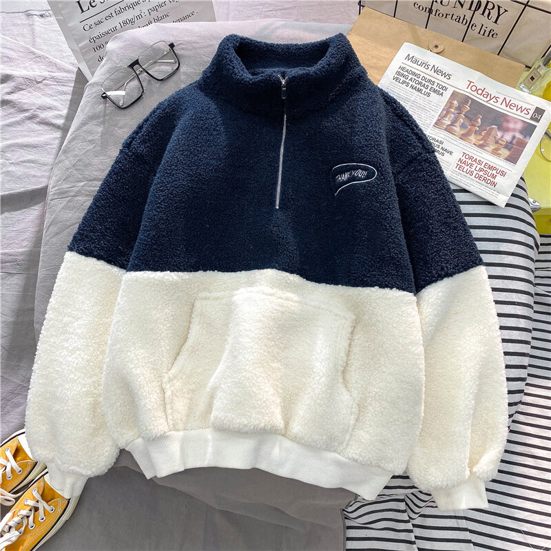 Zimowe ciepłe bluza polarowa damskie patchworkowy w stylu Casual haftowane pół bluzy z kapturem na zamek swetry oversize baseballowych Harajuku