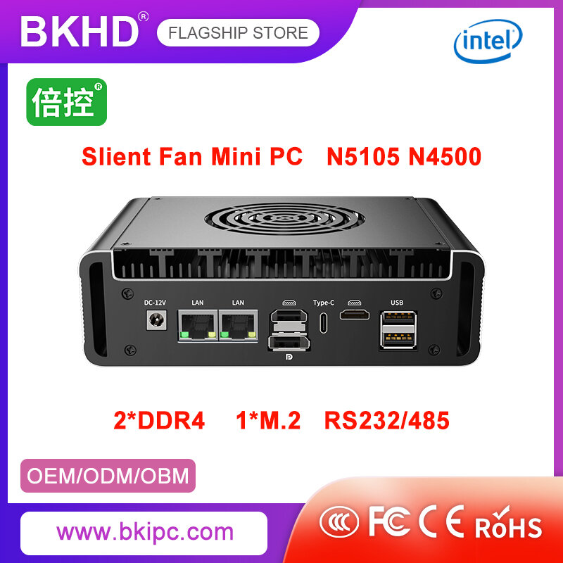 BKHD-Mini Host Silent Fan, Celeron N5105, N4500, adequado para automação industrial, IoT Machine Vision, DAQ 2LAN, RS232, 485