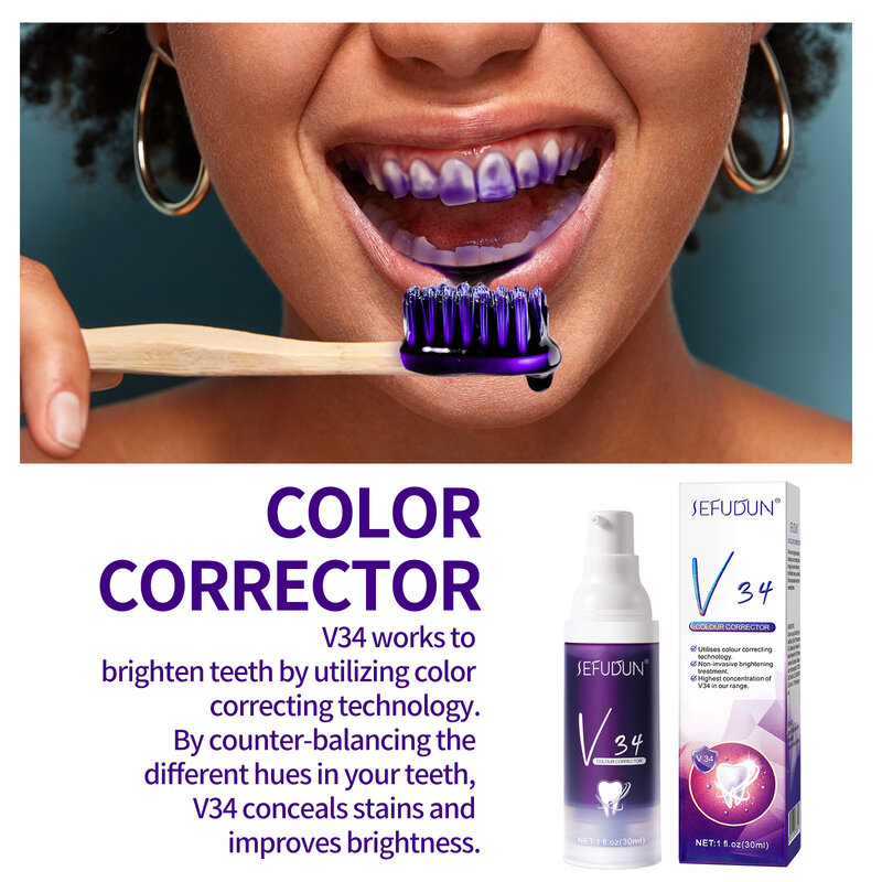 Pasta de dientes blanqueadora V34, Corrector de color, cuidado del esmalte, pasta de dientes, eliminación de manchas intensivas, Reduce el amarillo, 30ml