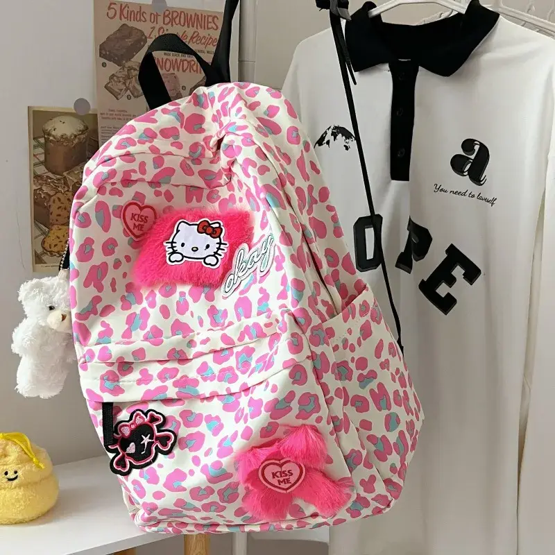 핑크 소녀 책가방, 귀여운 KT 고양이, 중학교 및 고등학생 배낭, 대용량 학교 배낭