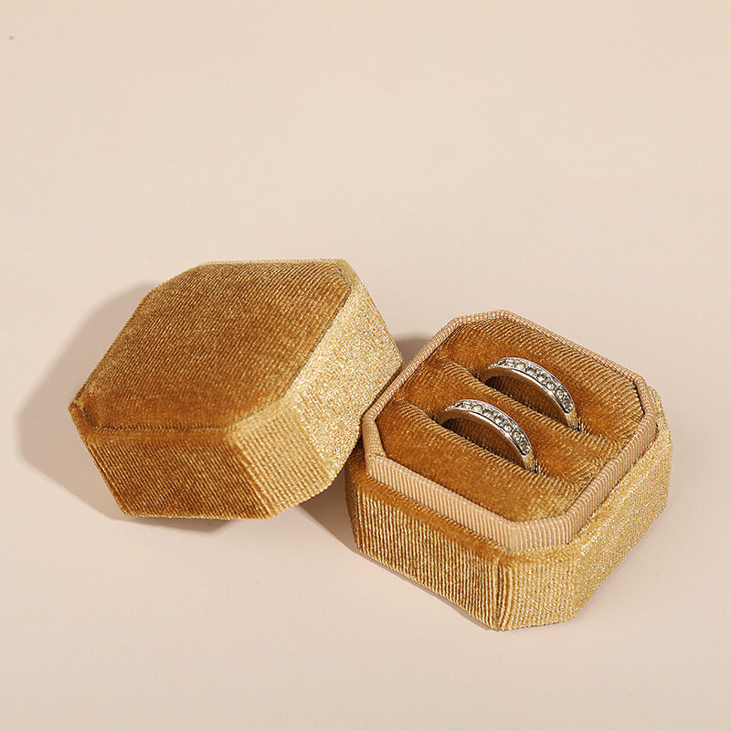 Caja de anillo doble Octagonal de terciopelo, accesorio con tapa desmontable, Vintage, pendientes, soporte para propuesta, compromiso, boda