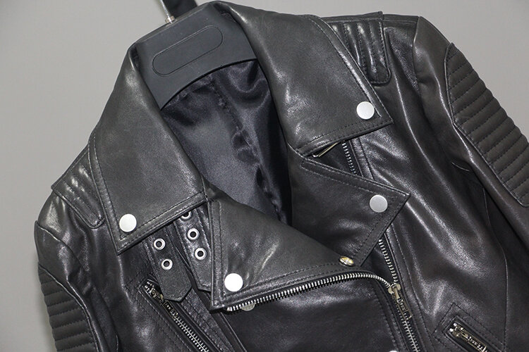Genuine Leather Clothes Women's Black Sheepskin Slim-Fit Short Lapel Casual Fashion European  American Jacket Suit Collar Zipper