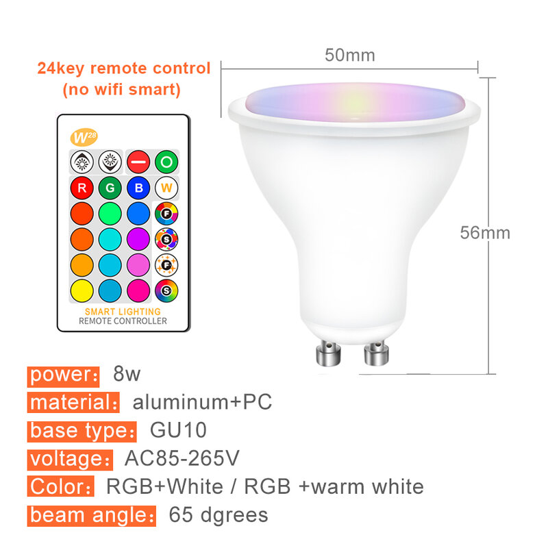 가정용 LED 전구, GU10 스포트라이트, 8W RGB 조광 램프, RGBW RGBWW 조명, IR 원격, 투야 스마트 와이파이 제어, 알렉사와 함께 작동