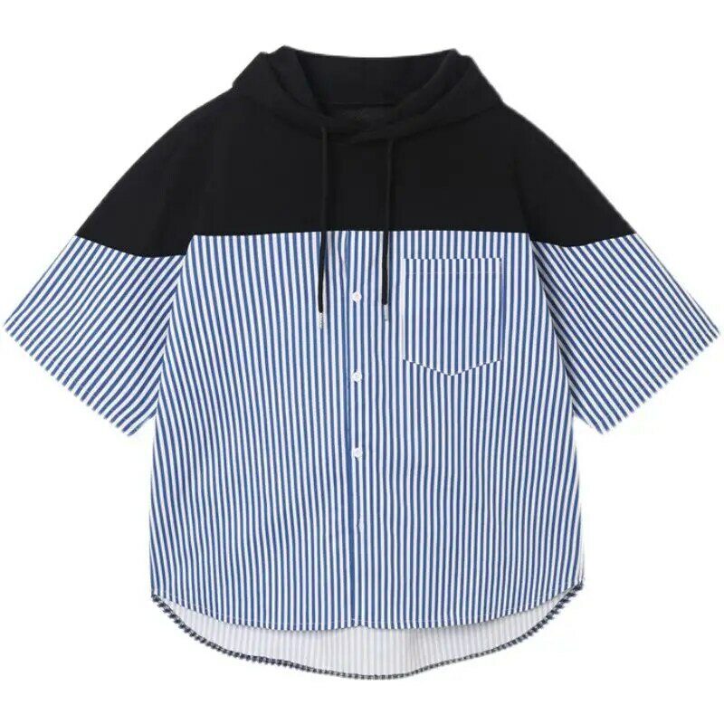 W koreańskim stylu na lato cienka, przystojna koszula w paski dla mężczyzn z krótkim rękawem niszowa styl Hong Kong koszula patchworkowa luźna bluza z kapturem