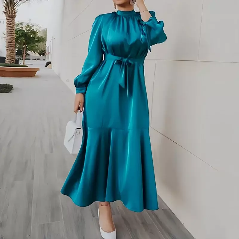 Frauen elegante O-Ausschnitt Schnürung langes Kleid Mode Taille Rüschen einfarbige Party kleid Büro lässig Langarm Satin Maxi kleid
