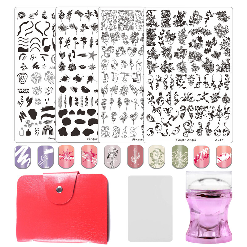 Juego de placas de estampado de Arte de uñas, bolsa de almacenamiento roja, estampador de uñas púrpura transparente, grafiti de flores, 9,5x14,5 cm