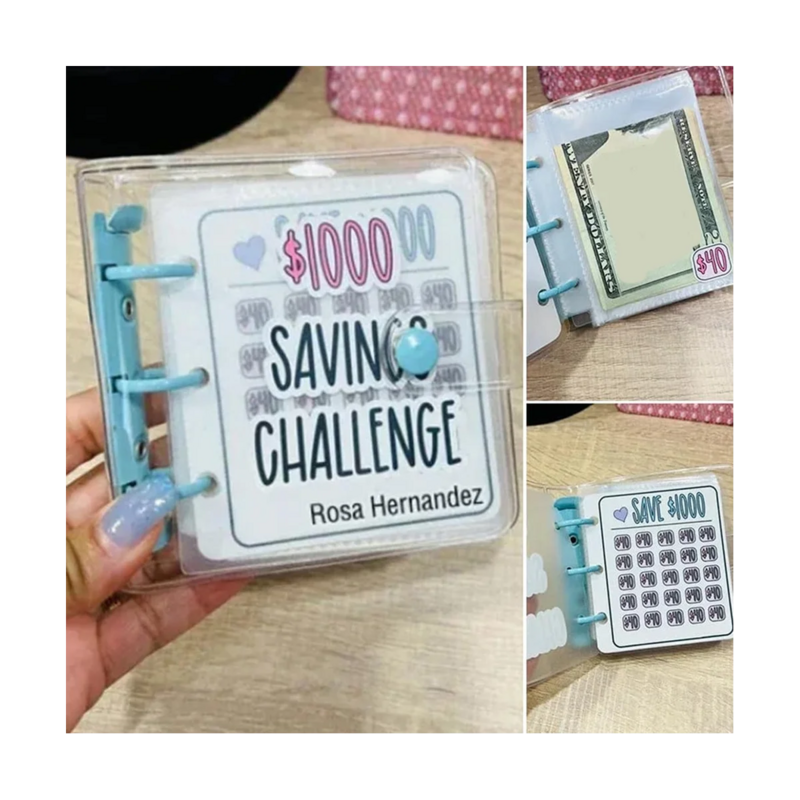 Savings Binder L 1000 Savings Challenge, Reusable Budget Book with Cash Envelopes, Money Binder for Saving Blue