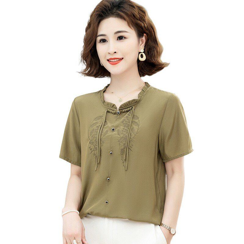 Женская Свободная блузка с коротким рукавом, летняя винтажная рубашка с воротником-стойкой и короткими рукавами