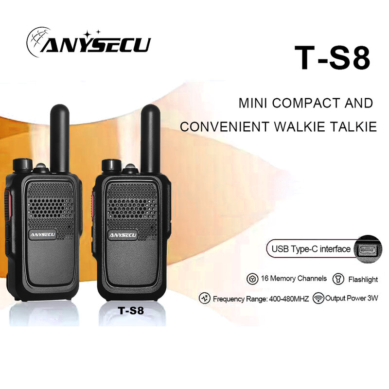 ANYSECU-Transmissor de Rádio Portátil, Walkie Talkie, Suporte UHF, Não Padrão, CTCS, Vibração DCS, Mini COMPACT e T-S8, 3W