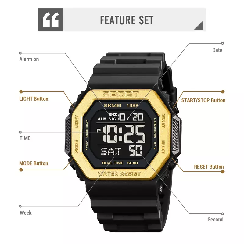 Skmei Mens Military Countdown Chrono Wristwatch 5Bar Waterproof Alarm Clock Reloj Hombre Back Light Digital Sport Watches 1988